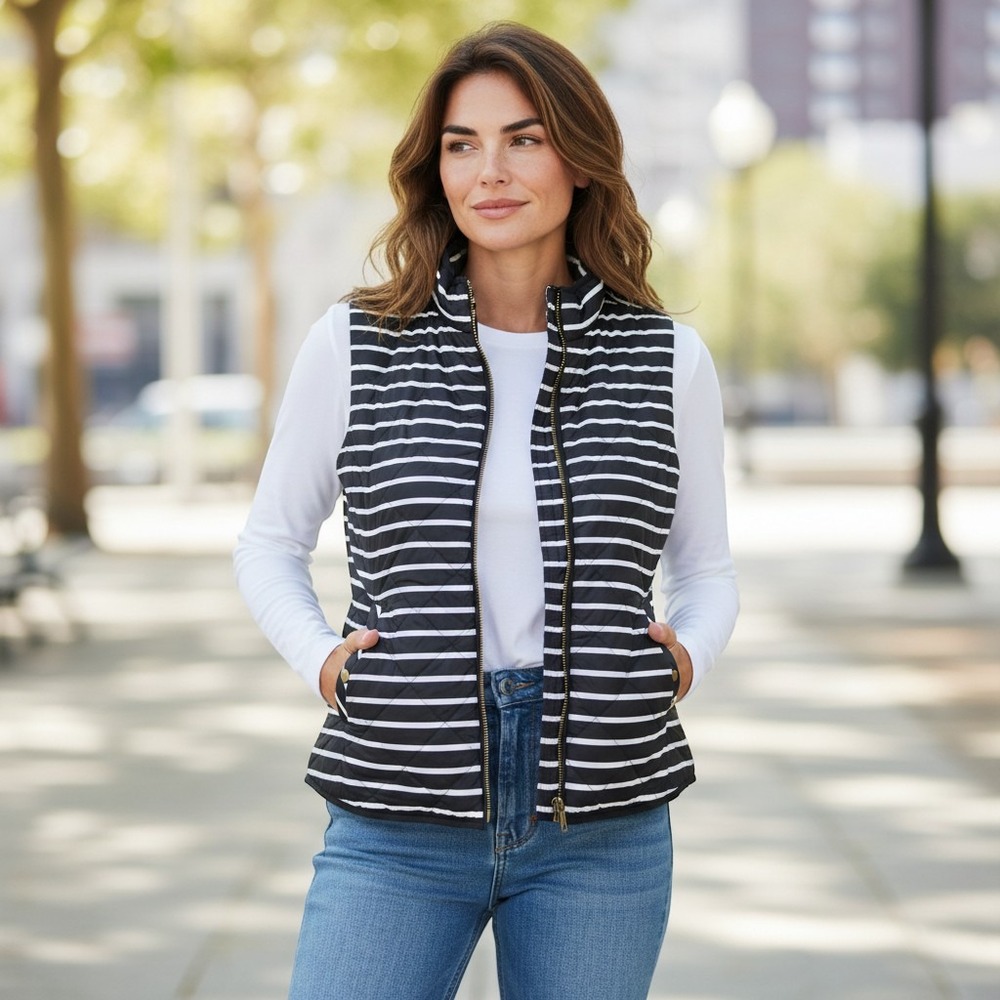 Gap Puffer Vest Women XL Black White Striped Quilted Zip Front Mock Neck RN54023 - Picture 2 of 8